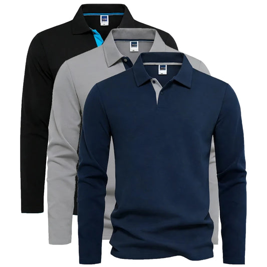 Men's 95% Cotton Long Sleeve Polo Pull-over T-Shirt