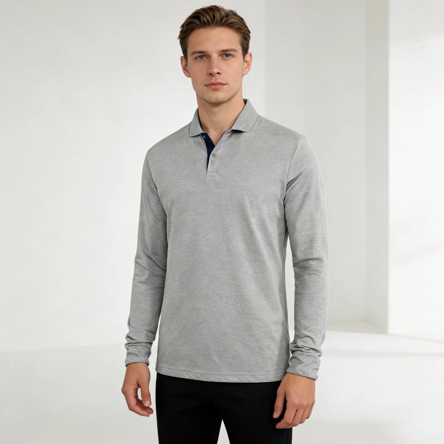 Men's 95% Cotton Long Sleeve Polo Pull-over T-Shirt
