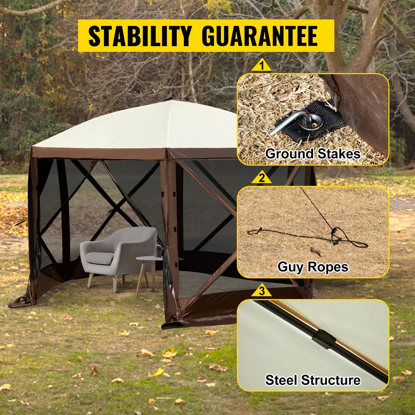 SucceBuy 12' x 12' / 10' x 10' 6-Sided Pop-up Camping Gazebo/Tent