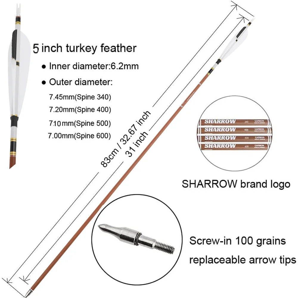 31inch Archery Pure Carbon Arrows Turkey Feathers