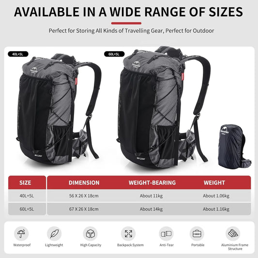 Naturehike 60+5L Waterproof Hiking Backpack with Rain Cover
