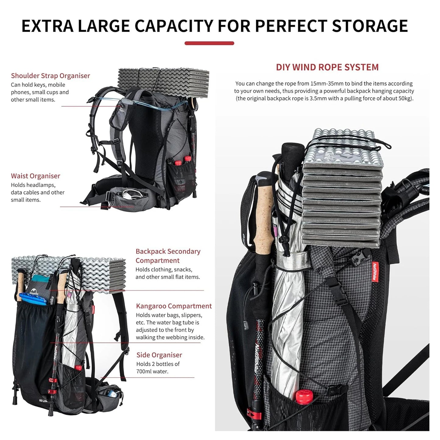 Naturehike 60+5L Waterproof Hiking Backpack with Rain Cover