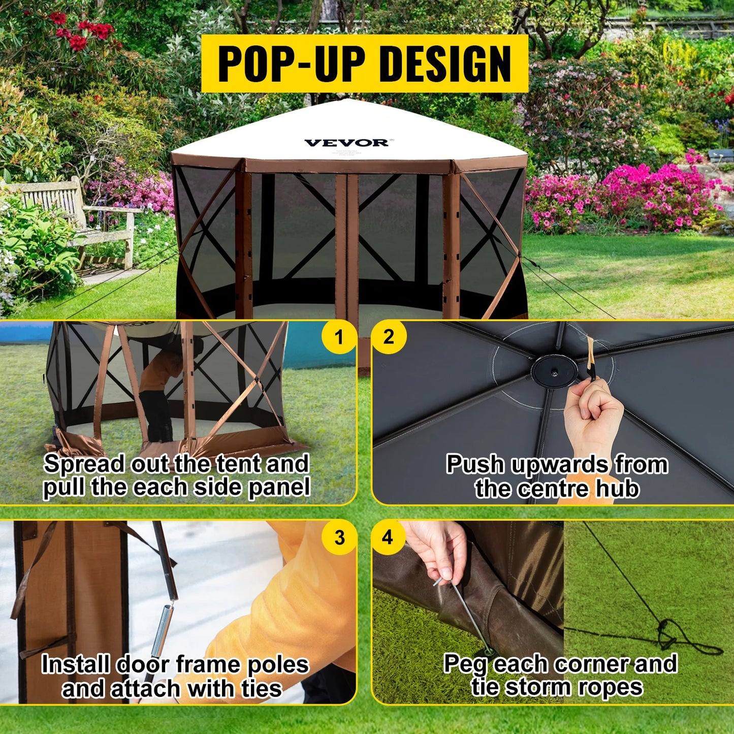 SucceBuy 12' x 12' / 10' x 10' 6-Sided Pop-up Camping Gazebo/Tent